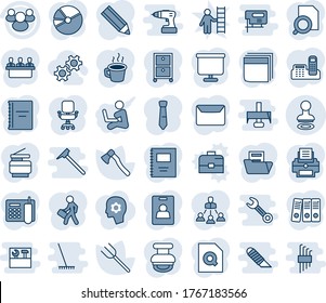 Blue tint and shade editable vector line icon set - stamp vector, farm fork, axe, group, coffee, copybook, presentation board, pie graph, document folder, search, identity card, office phone, chair