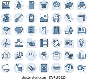 Blue tint and shade editable vector line icon set - arrival vector, barrier, umbrella, christmas tree, pennant, money bag, bulb, job, flower in pot, saw, rain, garden light, blood test vial, pills