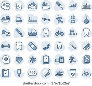 Blue tint and shade editable vector line icon set - plant label vector, seeds, dropper, patch, barbell, bike, run, tooth, caries, pulse clipboard, hospital, heart, tonometer, thermometer, treadmill