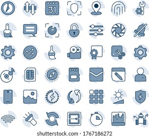 Blue tint and shade editable vector line icon set - phone back vector, menu, message, update, mobile camera, gallery, protect, settings, tuning, themes, user, clock, stopwatch, mail, scanner, sd
