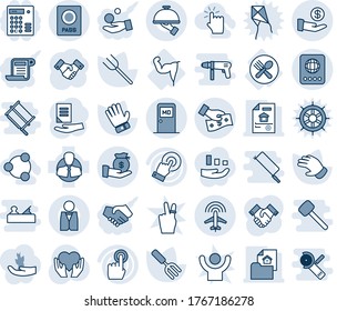 Blue tint and shade editable vector line icon set - passport vector, medical room, plane radar, handshake, document, garden fork, farm, glove, heart hand, power, spoon plate, client, touch screen