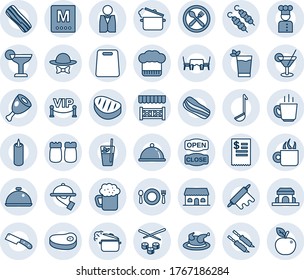 Blue tint and shade editable vector line icon set - waiter vector, cook, dish, cafe, hat, menu, cocktail, phyto bar, coffee, beer, bacon, salt and pepper, building, candle, table, vip zone, alcove