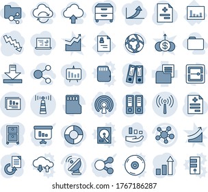 Blue tint and shade editable vector line icon set - antenna vector, growth statistic, office binder, crisis graph, document reload, diagnosis, patient card, statistics, folder, satellite, share, sd