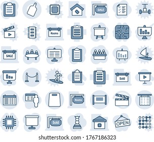 Blue tint and shade editable vector line icon set - fence vector, flight table, schedule, presentation board, meeting, clipboard, clapboard, sale, rooms, sold signboard, smart home, cutting, chip