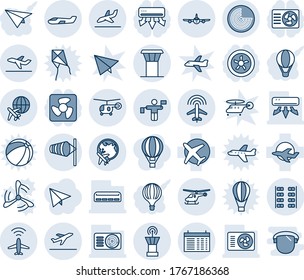 Blue tint and shade editable vector line icon set - airport tower vector, plane radar, departure, wind, helicopter, globe, traffic controller, arrival, small, seats, schedule, air conditioner, fan