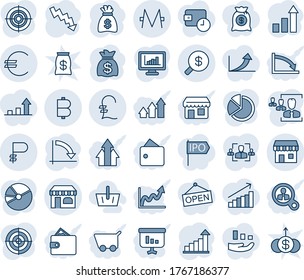 Blue tint and shade editable vector line icon set - shop vector, duty free, growth statistic, money bag, crisis graph, euro, pound, bitcoin, ruble, monero, search, monitor statistics, pie, hr, cart