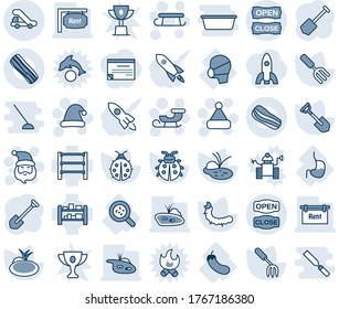 Blue tint and shade editable vector line icon set - trap truck vector, santa claus, christmas hat, sleigh, job, garden fork, shovel, lady bug, caterpillar, pond, bacteria, stomach, medical mask, hoe