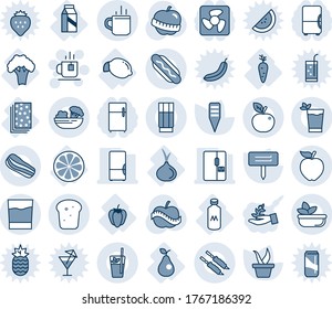 Blue tint and shade editable vector line icon set - hot cup vector, tea, seedling, plant label, diet, lemon, carrot, slice, sweet pepper, pear, onion, broccoli, milk, breads, fridge, drink, salad