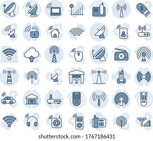 Blue tint and shade editable vector line icon set - antenna vector, satellite, wireless notebook, office phone, radio, remote control, cellular signal, upload cloud, lock, router, garage gate, mouse