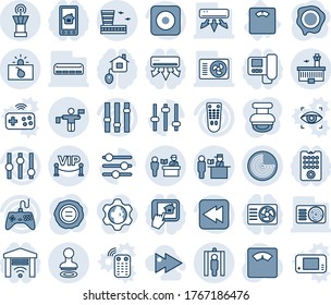 Blue tint and shade editable vector line icon set - passport control vector, stamp, radar, airport tower, traffic controller, metal detector gate, terrorism, building, scales, floor, gamepad, remote