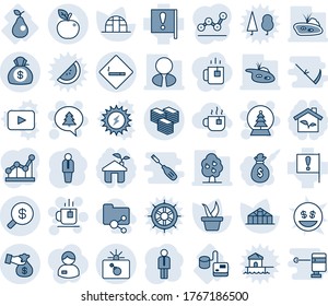 Blue tint and shade editable vector line icon set - bomb in case vector, smoking area sign, tea, snowball tree, merry christmas message, manager, seedling, greenhouse, tonometer, pear, big cash, bag