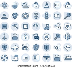 Blue tint and shade editable vector line icon set - plane radar vector, smoking place, border cone, safe, insurance, safety car, terrorism, road, boot, hose, heart shield, traffic light, protect