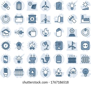 Blue tint and shade editable vector line icon set - hot cup vector, fire, oil barrel, battery, low, torch, brightness, desk lamp, sun panel, windmill, heater, factory, home control, eco house, water