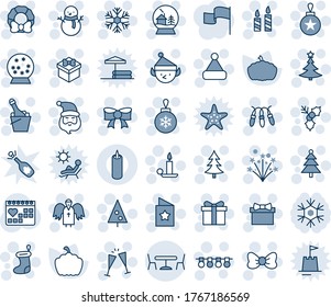 Blue tint and shade editable vector line icon set - cafe vector, christmas tree, gift, bow, santa claus, sock, ball, garland, snowflake, candle, snowman, hat, firework, holly, wreath, angel, elf