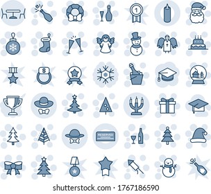 Blue tint and shade editable vector line icon set - cafe vector, christmas tree, gift, santa claus, sock, ball, bow, snowman, hat, firework rocket, wreath, angel, cake, wine, glasses, champagne