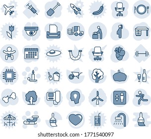 Blue tint and shade editable vector line icon set - elevator vector, shower, plate spoon fork, baby, room, loader, candle, sleigh, desk, job, tree, wheelbarrow, pumpkin, run, real heart, broken bone