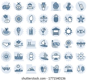 Blue tint and shade editable vector line icon set - cafe vector, suitcase, sun, flower in pot, lady bug, pond, picnic table, brightness, pool, fruit tree, mountains, restaurant, alcove, sunglasses