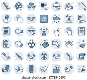 Blue tint and shade editable vector line icon set - plane radar vector, christmas glove, snowfall, gloves, handshake, document, garden fork, saw, heart care, client, touch screen, fingerprint id
