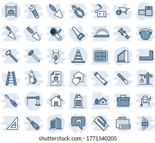 Blue tint and shade editable vector line icon set - barrier vector, border cone, baggage room, office building, trowel, ladder, wheelbarrow, saw, hospital, house with tree, plan, estate document