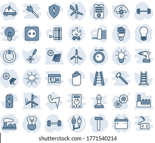 Blue tint and shade editable vector line icon set - bulb vector, factory, ripper, ladder, barbell, power hand, rca, protect, battery, charge, sun panel, windmill, socket, remote control, alarm led