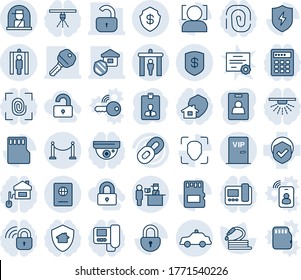 Blue tint and shade editable vector line icon set - fence vector, security gate, passport control, metal detector, safety car, officer window, identity card, hose, shield, chain, protect, sd, lock