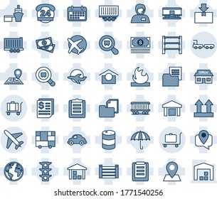 Blue tint and shade editable vector line icon set - plane vector, baggage trolley, truck, navigation, earth, pin, railroad, store, cash, traffic light, 24 hours, support, mobile tracking, trailer