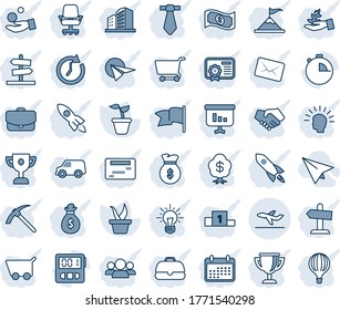 Blue tint and shade editable vector line icon set - departure vector, seedling, stopwatch, paper plane, group, palm sproute, shining head, motivation, rocket, handshake, money bag, clock, investment