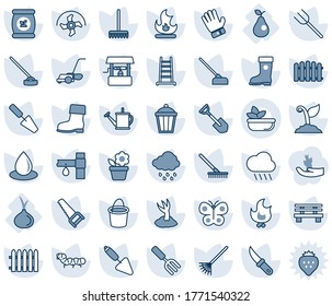 Blue tint and shade editable vector line icon set - flower in pot vector, trowel, garden fork, shovel, farm, ripper, fence, rake, ladder, watering can, bucket, sproute, glove, boot, saw, lawn mower