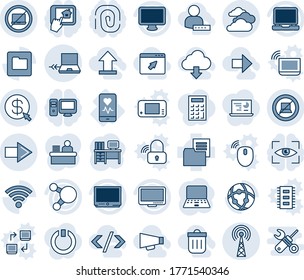Blue tint and shade editable vector line icon set - no laptop vector, right arrow, antenna, computer sign, notebook connect, clouds, desk, pc, mobile heart monitor, folder document, tv, share, wi fi