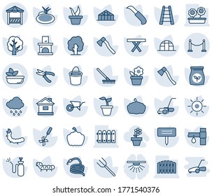 Blue tint and shade editable vector line icon set - fence vector, flower in pot, farm fork, rake, ladder, seedling, tree, wheelbarrow, bucket, pruner, lawn mower, house, sun, rain, hose, axe, pond