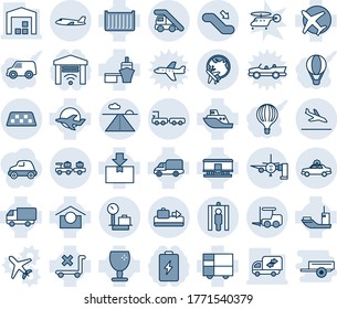 Blue tint and shade editable vector line icon set - taxi vector, arrival, baggage conveyor, alarm car, fork loader, larry, ladder, plane, globe, runway, metal detector gate, escalator down, truck