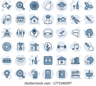 Blue tint and shade editable vector line icon set - medical room vector, passport, firework, fireplace, wine, dog, trowel, tree, seedling, barbell, three leafs, pull ups, mobile tracking, vinyl