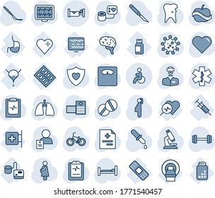 Tinta azul y sombra editable conjunto de iconos de línea vector - vector discapacitado, hotel, corazón, pulso de monitoreo, diagnóstico, presión sanguínea, cuentagotas, microscopio, escalas, píldoras, cuero cabelludo, estrella de ambulancia, barbell, mri