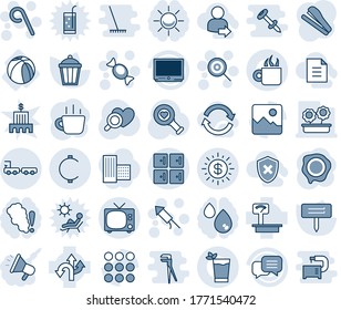 Blue tint and shade editable vector line icon set - tv vector, checkroom, baggage truck, lollipop, candy, firework rocket, coffee, stamp, plant label, garden light, heart diagnostic, basketball ball