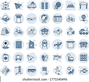 Blue tint and shade editable vector line icon set - airport tower vector, bus, globe, seat map, flight table, traffic controller, arrival, baggage, train, passport, small plane, seats, schedule, car