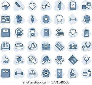 Blue tint and shade editable vector line icon set - first aid room vector, doctor case, stethoscope, blood pressure, test vial, microscope, scales, pills, bottle, blister, scalpel, ambulance car