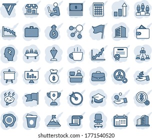 Blue tint and shade editable vector line icon set - office building vector, growth statistic, chair, case, pedestal, pennant, graduate, presentation board, coffee, brainstorm, meeting, manager place