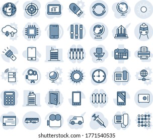 Blue tint and shade editable vector line icon set - airport bus vector, globe, sun, train, notebook pc, syringe, term, settings, video camera, cell phone, mobile, torch, exchange, safe, clock, chip