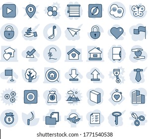 Blue tint and shade editable vector line icon set - lock vector, tree, butterfly, sickle, heart hand, stopwatch, plane, folder document, play button, record, compass, pound, money bag, blank box