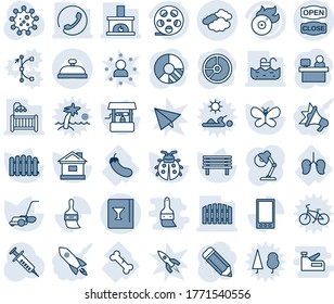 Blue tint and shade editable vector line icon set - clouds vector, manager place, pencil, circle chart, fence, lawn mower, butterfly, lady bug, house, well, bench, syringe, virus, lungs, broken bone