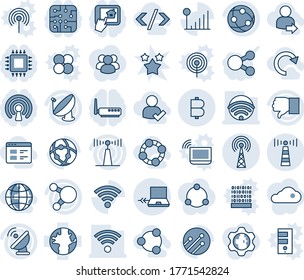 Blue tint and shade editable vector line icon set - antenna vector, notebook connect, earth, satellite, network, share, finger down, wireless, cellular signal, bitcoin, globe, website, user login