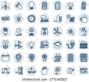 Blue tint and shade editable vector line icon set - hot cup vector, bulb, factory, pull ups, battery, low, torch, brightness, charge, desk lamp, sun panel, windmill, heater, eco house, power plug