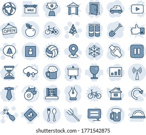 Blue tint and shade editable vector line icon set - spoon and fork vector, antenna, male wc, christmas tree, champagne, merry message, book, abacus, presentation board, job, farm, house, bike, joint