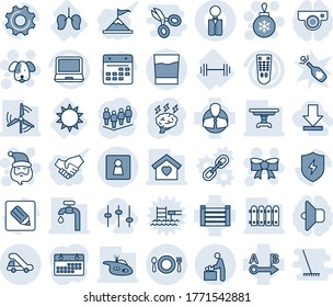 Blue tint and shade editable vector line icon set - female wc vector, baby room, trap truck, santa claus, christmas ball, bow, dog, team, brainstorm, barbell, lungs, sun, client, container, route