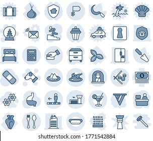 Blue tint and shade editable vector line icon set - spoon and fork vector, female, airport building, travolator, officer window, snowball tree, dog, manager place, trowel, sickle, patch, stomach