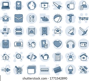 Blue tint and shade editable vector line icon set - satellite antenna vector, spoon and fork, sign post, baggage room, garland, lollipop, star letter, tie, watering can, patient, warehouse storage