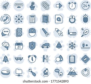 Blue tint and shade editable vector line icon set - escalator vector, 24 hours, alarm clock, christmas tree, snowflake, 31 dec calendar, champagne, mountains, hierarchy, mouse, saw, picnic table