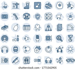 Blue tint and shade editable vector line icon set - train vector, schedule, hierarchy, calculator, medal, crisis graph, boot, diet, first aid room, stomach, tooth, breads, 24 hours, flame disk, cart