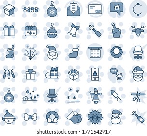Blue tint and shade editable vector line icon set - flight table vector, firework, gift, bow, santa claus, christmas sock, ball, garland, landscape, bell, gloves, calendar, deer, rocket, wreath, elf