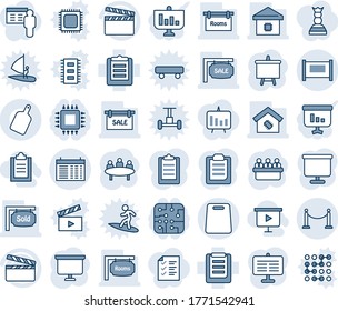 Blue tint and shade editable vector line icon set - fence vector, schedule, presentation board, meeting, clipboard, clapboard, sale, rooms, sold signboard, smart home, cutting, chip, chart, list